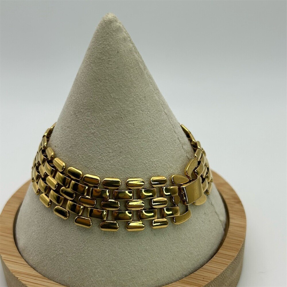 Woven Bracelet Gold Tone Multi-Row Brick Link Wide Statement 7" Foldover Clasp - Picture 2 of 7
